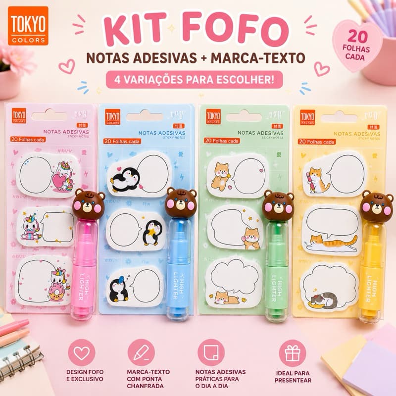 Kit Papelaria Fofa Notas Adesivas + Marca-Texto Ursinho | 4 Variações