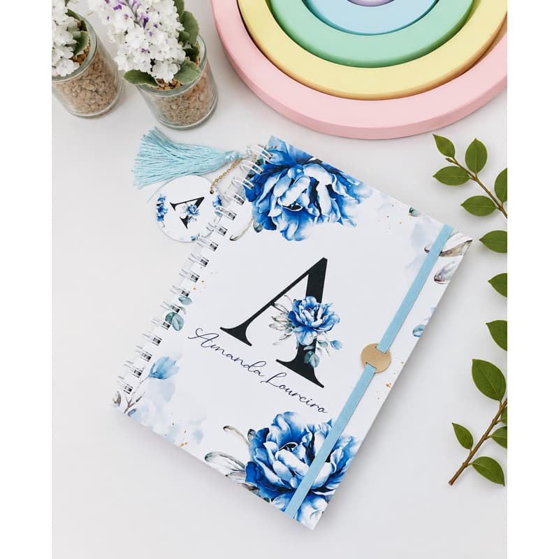 Caderno Luxo Personalizado com Nome Alfabeto Azul 100 folhas A5
