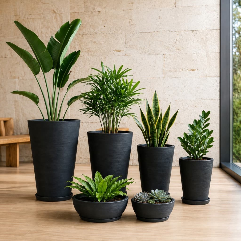 Jogo 6 Vasos Para Plantas Decorativo Luxo Grafiato Riscato Coluna Cone Bacia Cuia com Prato em Polietileno