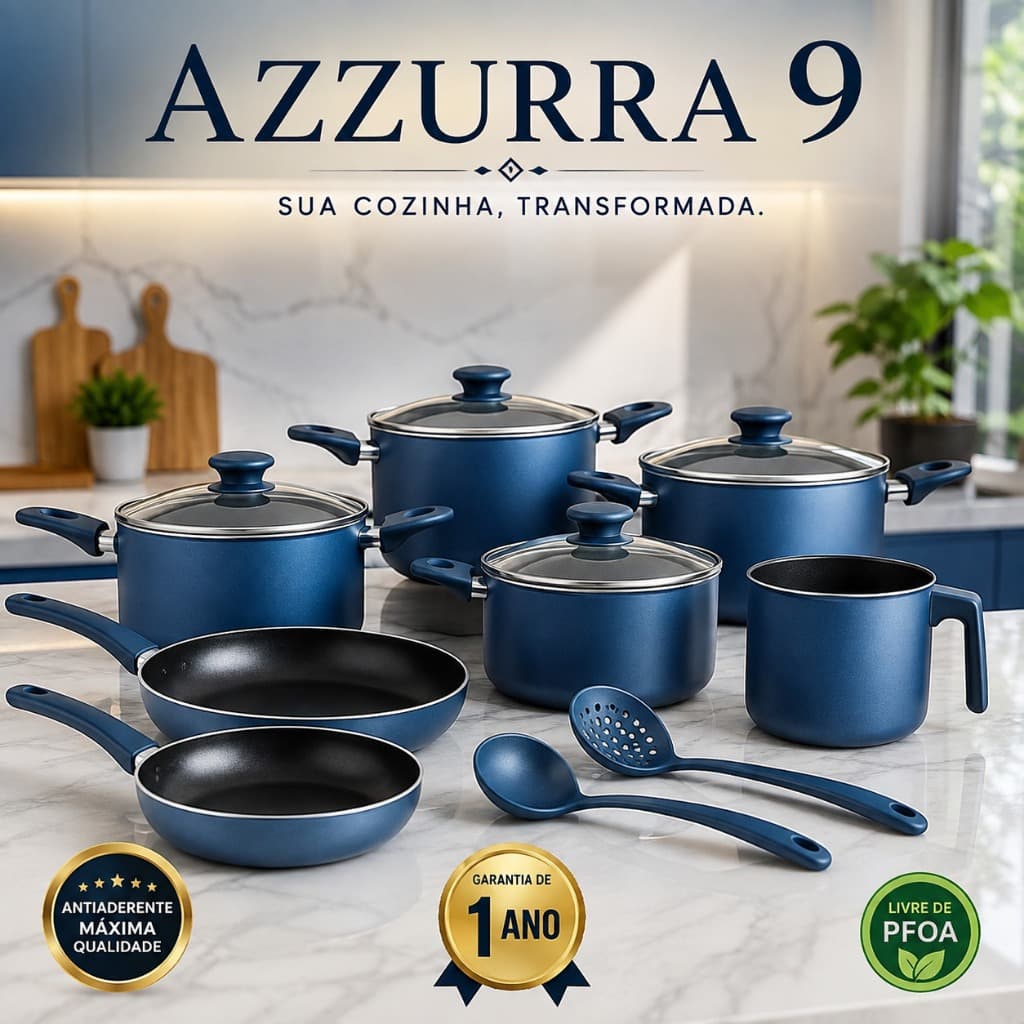 Jogo de Panelas Azzurra 9 Peças Antiaderente Azul com Tampas e Utensílios