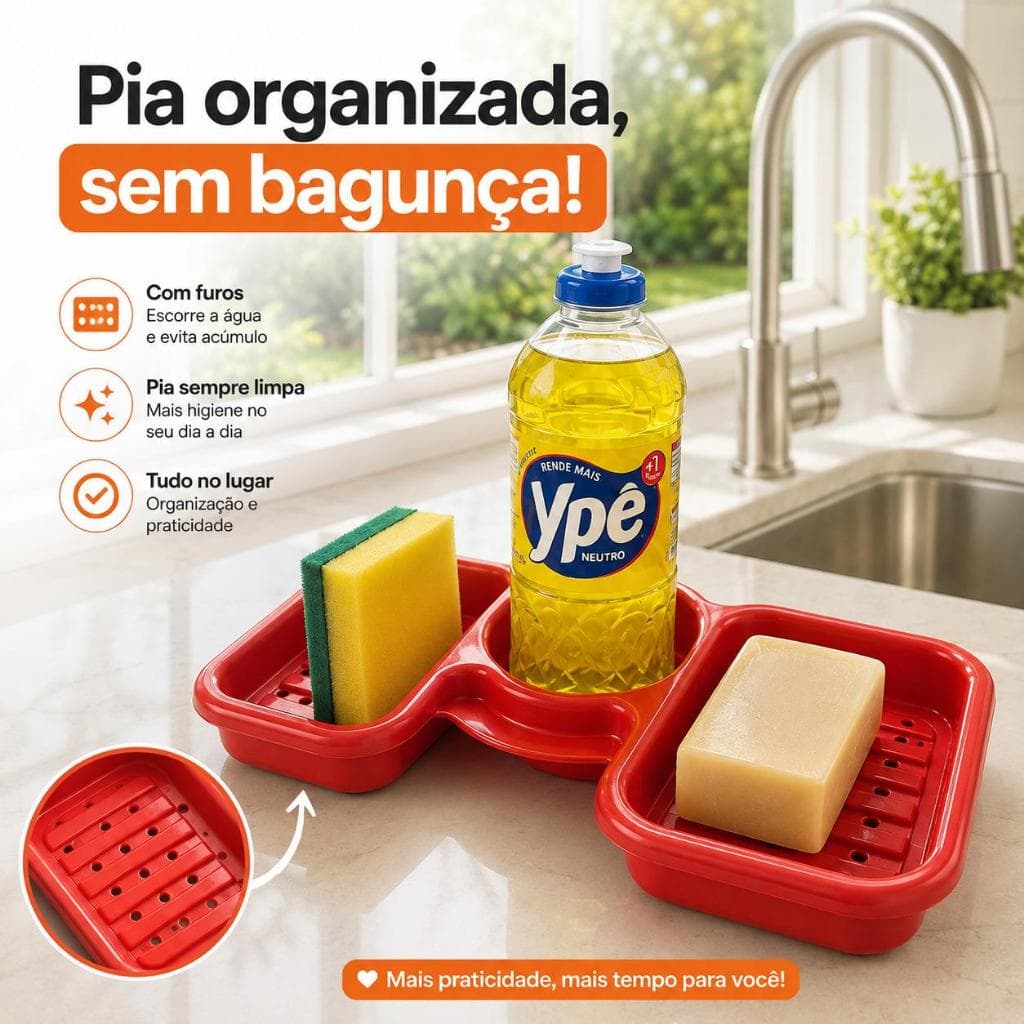 Porta de Detergente e Esponja para Pia Suporte Sabão Cozinha Bucha Vermelho Coisas de Cozinha