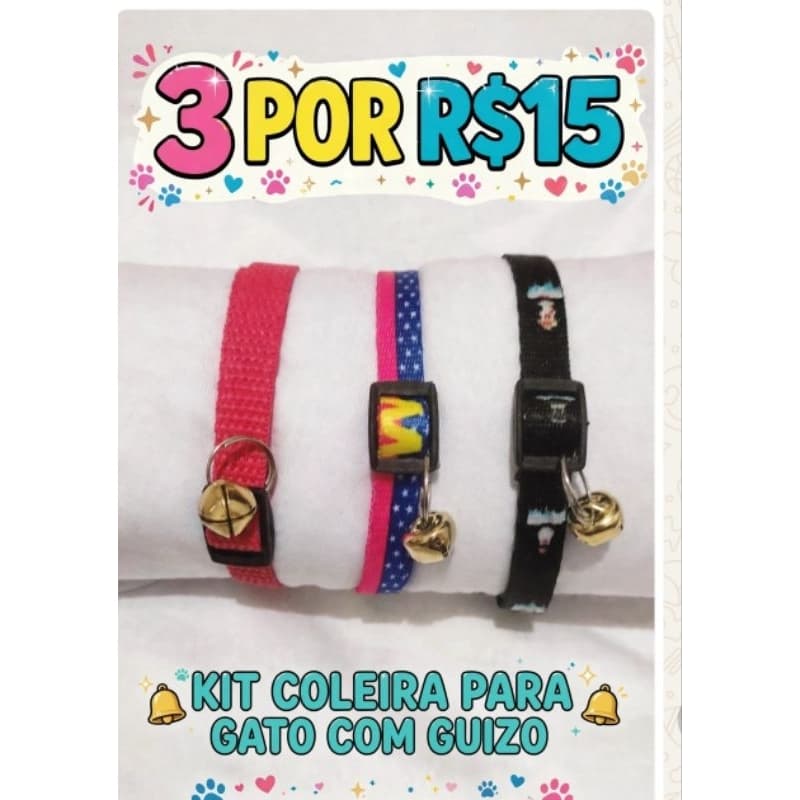 KIT COLEIRA PARA GATO COM GUIZO - 3 POR 15