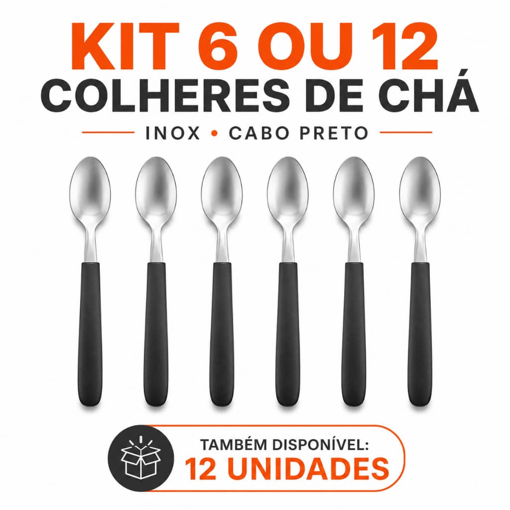 Kit 6 ou 12 Colheres de Chá Inox Cabo Preto para Café Refeições Uso Diário