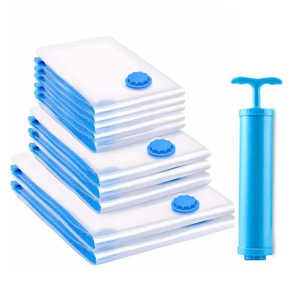 Kit 10 Sacos a Vácuo para Roupas Viagem com Bomba Manual Organizador de Mala e Guarda-Roupa