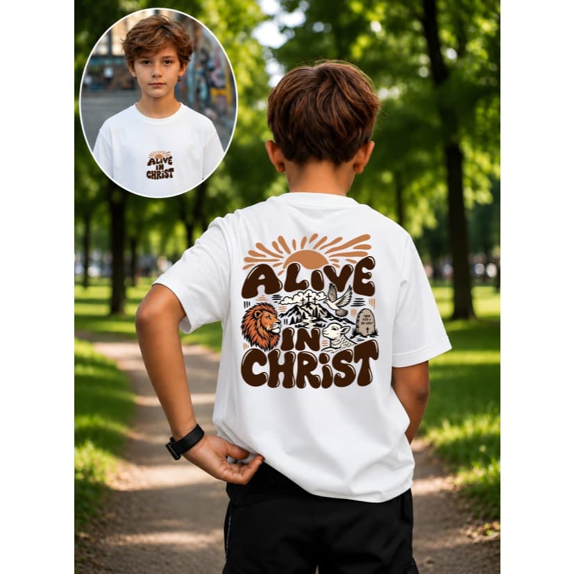 Camiseta Infantil Jesus Cristo Cruz Malha 30.1 100% Algodão Camisa Estilosa Cristão Alive In Christ