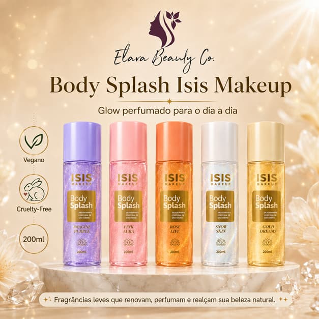 Body Splash Isis Makeup Cintilante 200ml Vegano Glow Perolado Pink Aura Gold Dreams Snow Skin Rose Life Imagine Purple