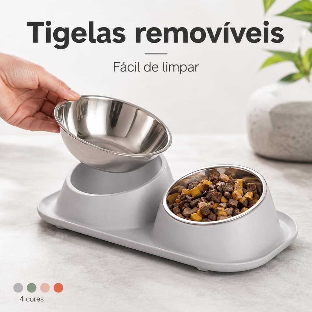 Comedouro Duplo Pet Inclinado 15° com 2 Tigelas Inox Removíveis Antiderrapante para Gatos e Cães Pequenos