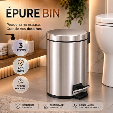 Lixeira ÉPURE BIN 3L em Inox Redonda com Pedal Compacta para Banheiro e Escritório