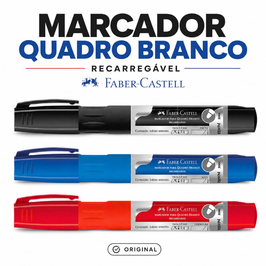 Pincel Marcador Quadro Branco Recarregável Com Refil Faber Castell Original Smart Click Azul Preto Vermelho