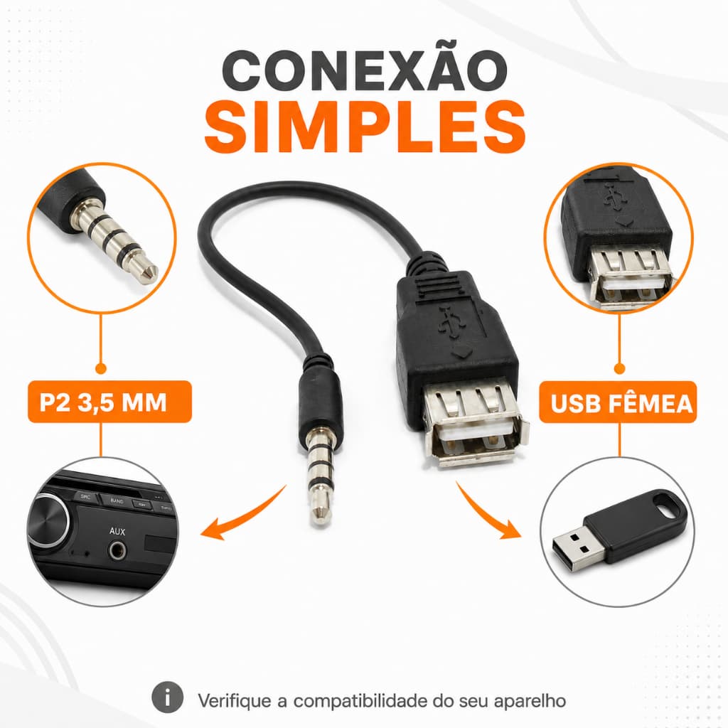 Cabo Adaptador USB Fêmea para P2 Macho 3,5mm Áudio Auxiliar Som Automotivo MP3 MP4
