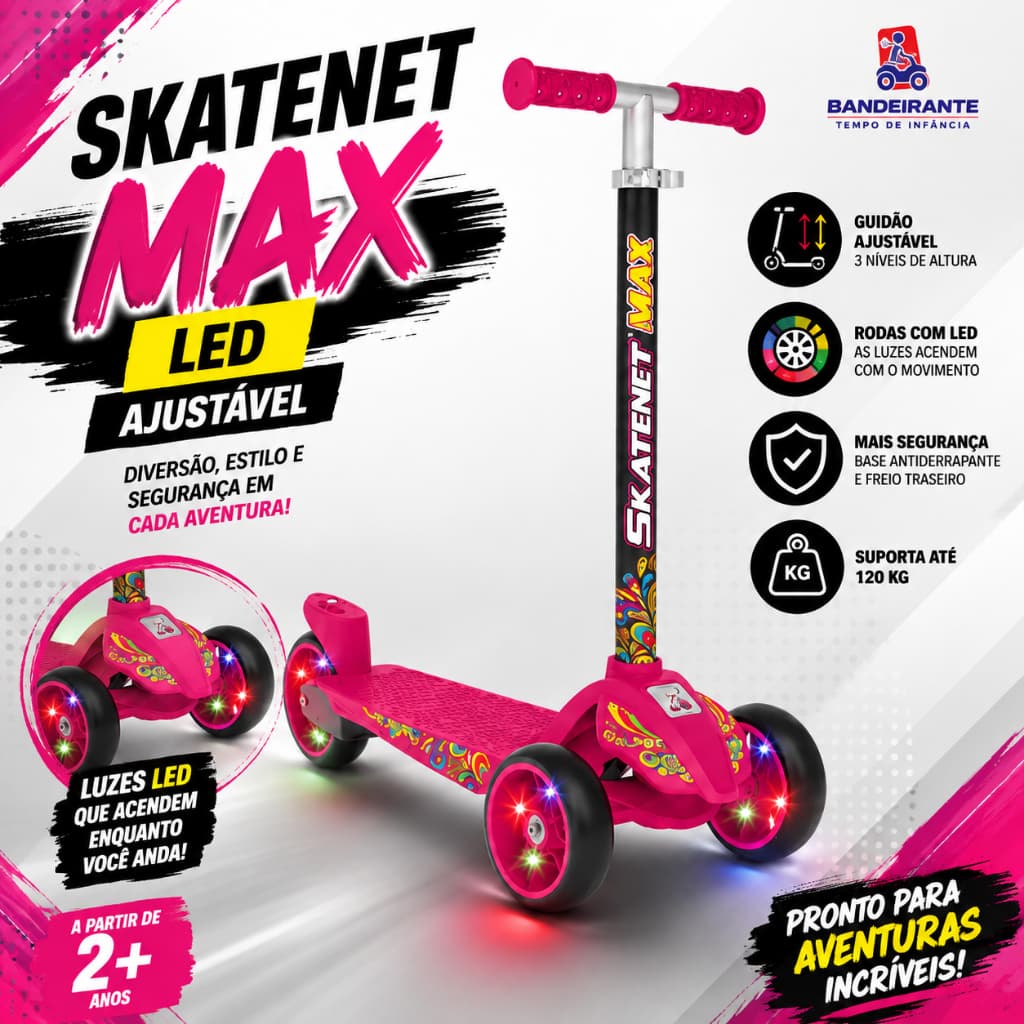 Patinete Skatenet Max Led Ajustavel Pink - Bandeirante 1591