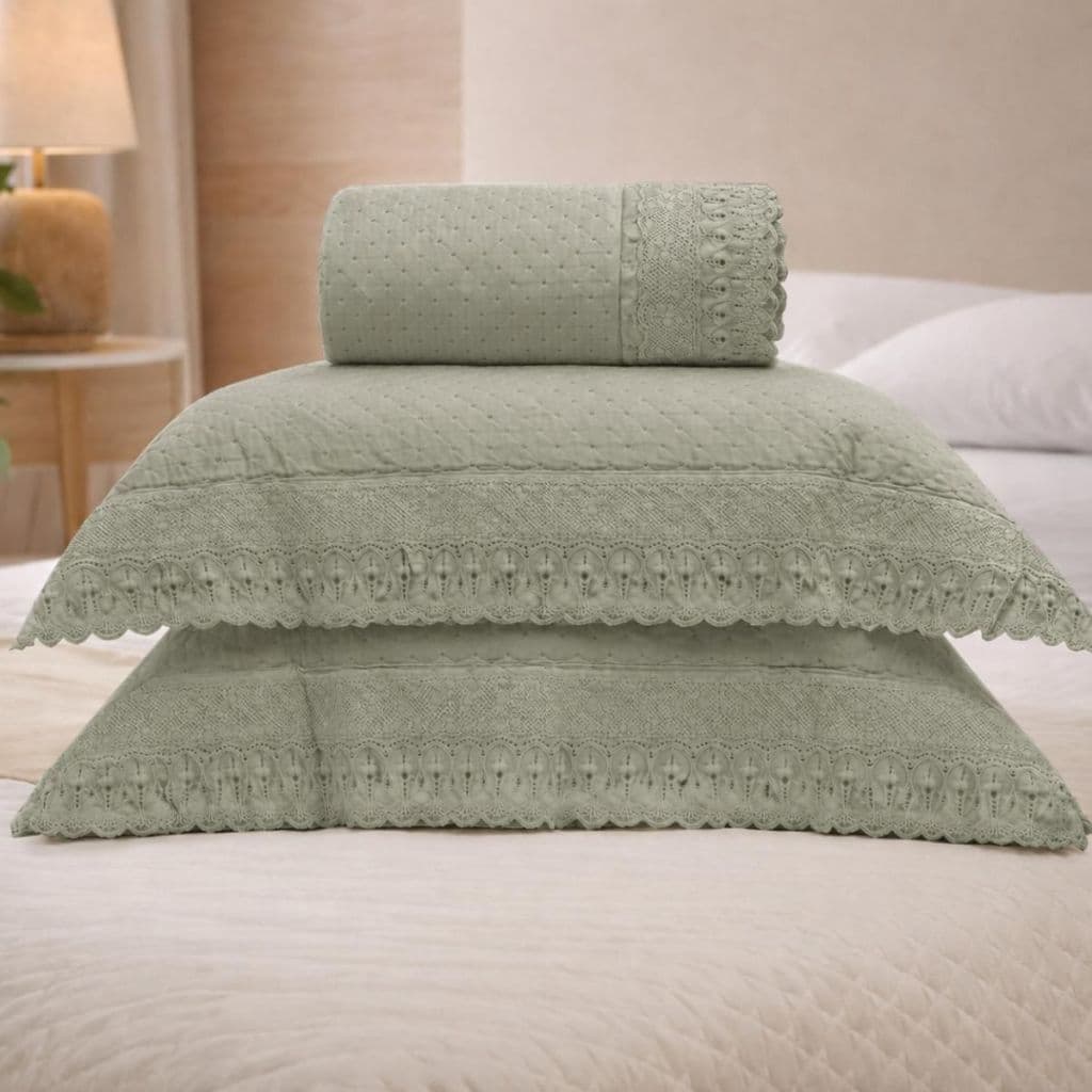 Kit Colcha King Premium 2,60x2,80 Appel Bordare com Renda Cor Orvalho