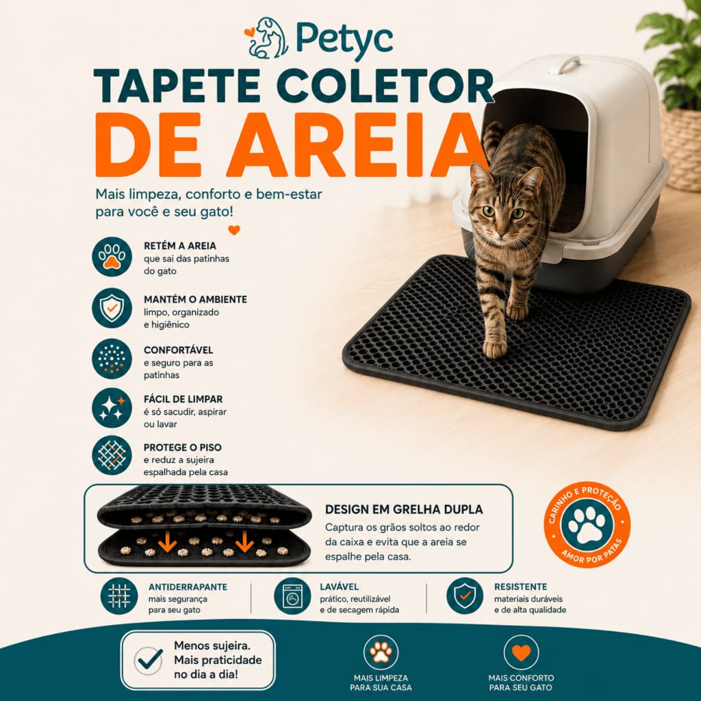 Tapete Higiênico Coletor de Areia Petyc Anti Sujeira Caixa Areia Retentor Grãos Grelha Coletora Lavável Extra Grande