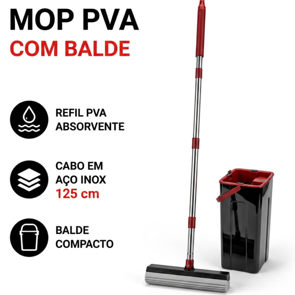 Mop Esponja PVA com Balde Cabo Aço Inox 125cm Refil Absorvente para Limpeza de Piso Casa Escritório