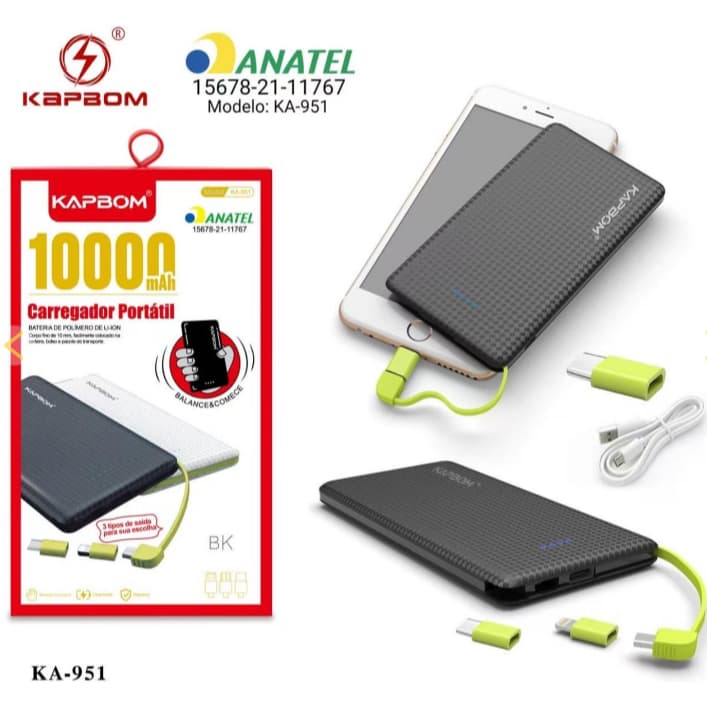 Carregador Portátil Pineng 10.000mAh com Adaptador iPhone e V8