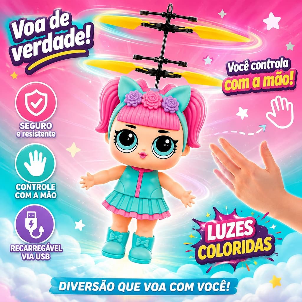 Drone Boneca Tipo LOL Sensor de Aproximação Recarga USB, Voo Estável e Brinquedo Interativo Infantil