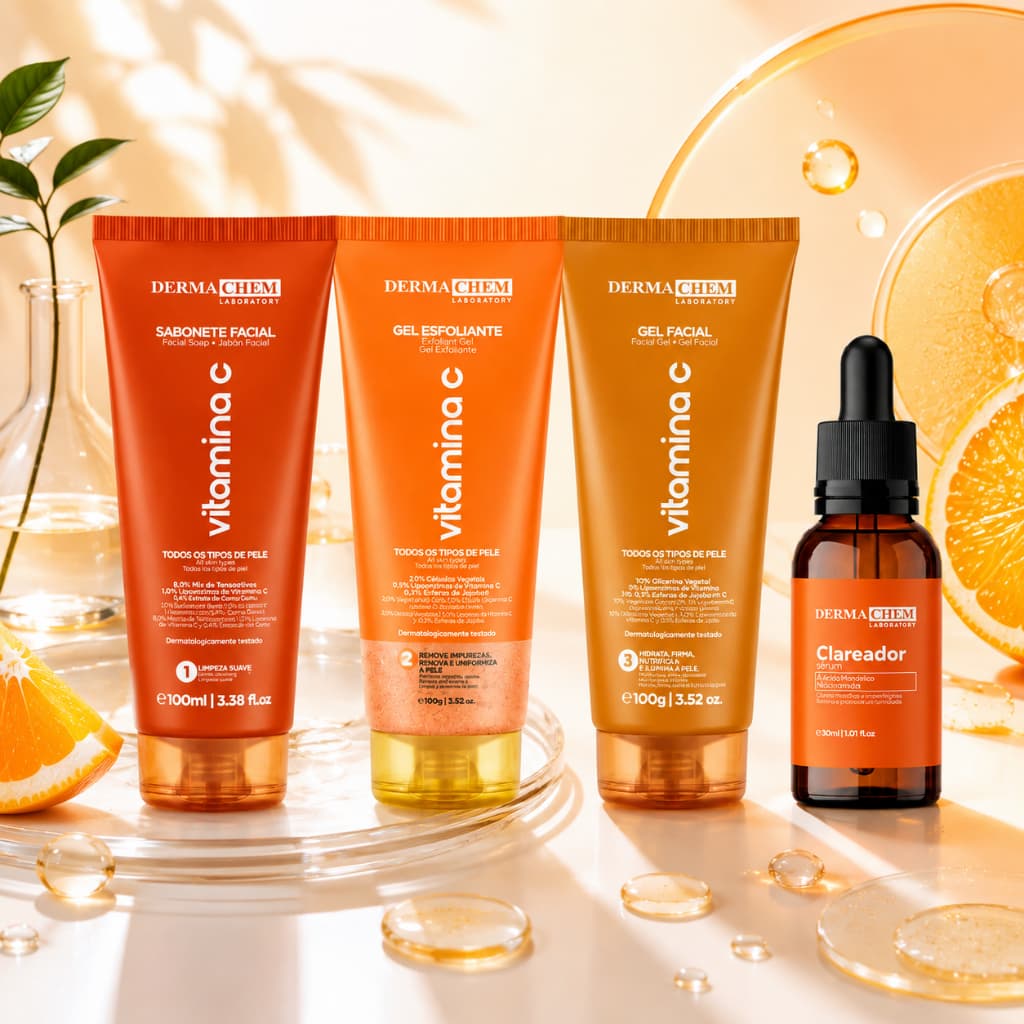 Kit Skincare Vitamina C Dermachem 4 Itens Sabonete Facial + Gel Esfoliante + Gel Facial + Sérum Clareador