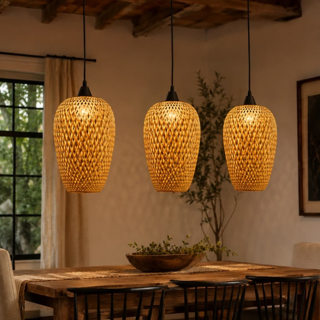 Lustre Pendente Bambu Palha Trançada Rústico Kit 2 ou 3 com Lâmpadas Sala Cozinha