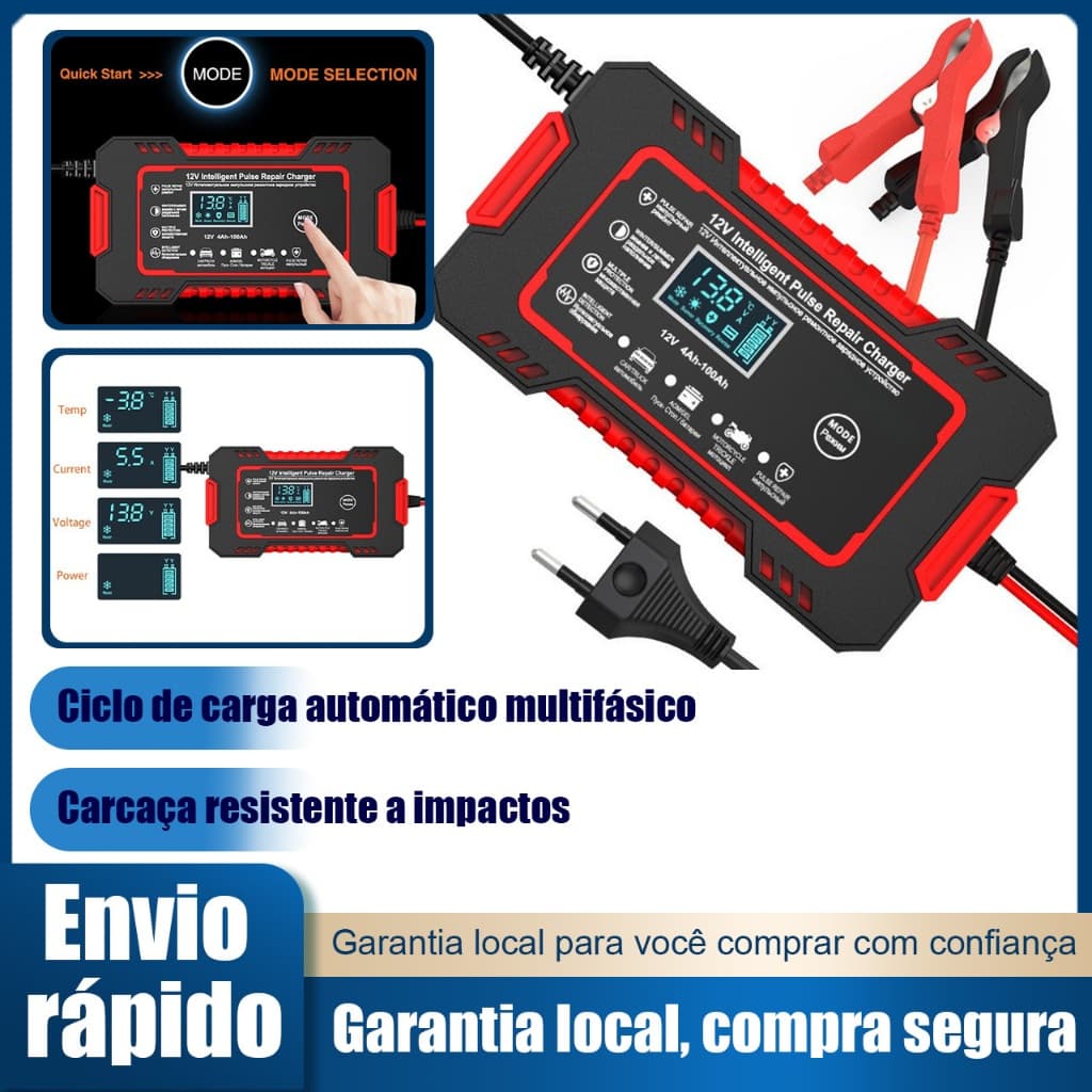 Carregador de Bateria Inteligente 12V Reparador de Bateria para Carro e Moto