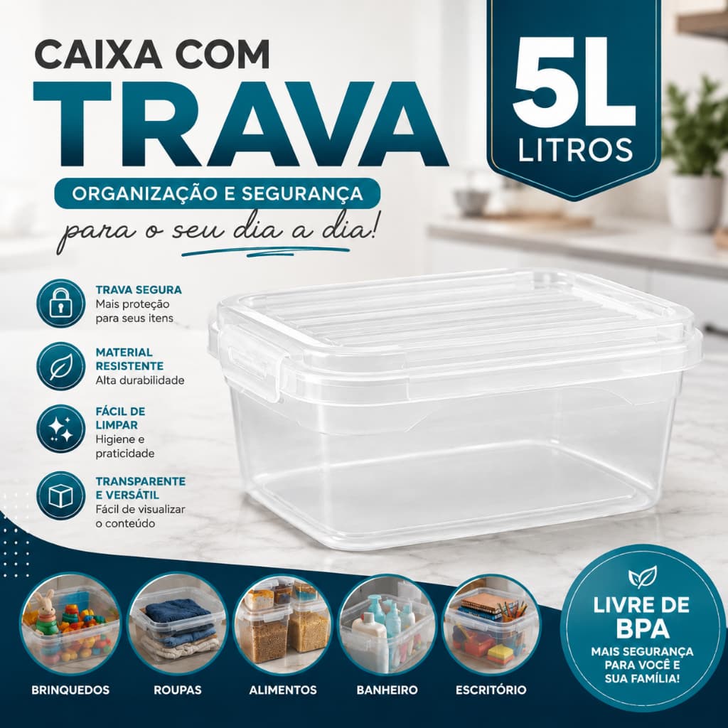Caixa Organizadora 5L Transparente com Tampa e Trava Reforçada Multiuso para Cozinha Casa e Alimentos