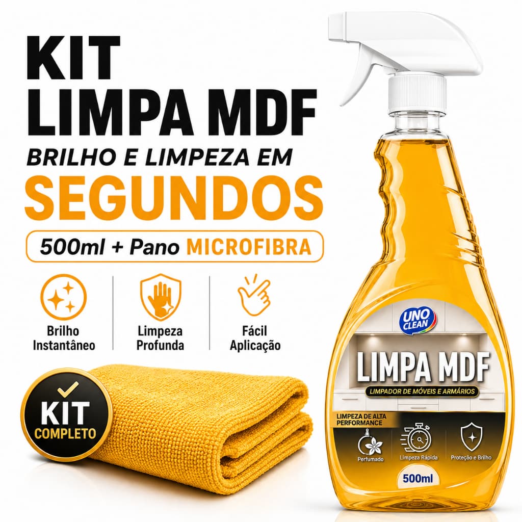 Kit Limpa MDF Spray Perfumado 500ml + Pano Microfibra Limpa Imóvel Armários Madeira Remove Gordura Sujeira Poeira Mancha