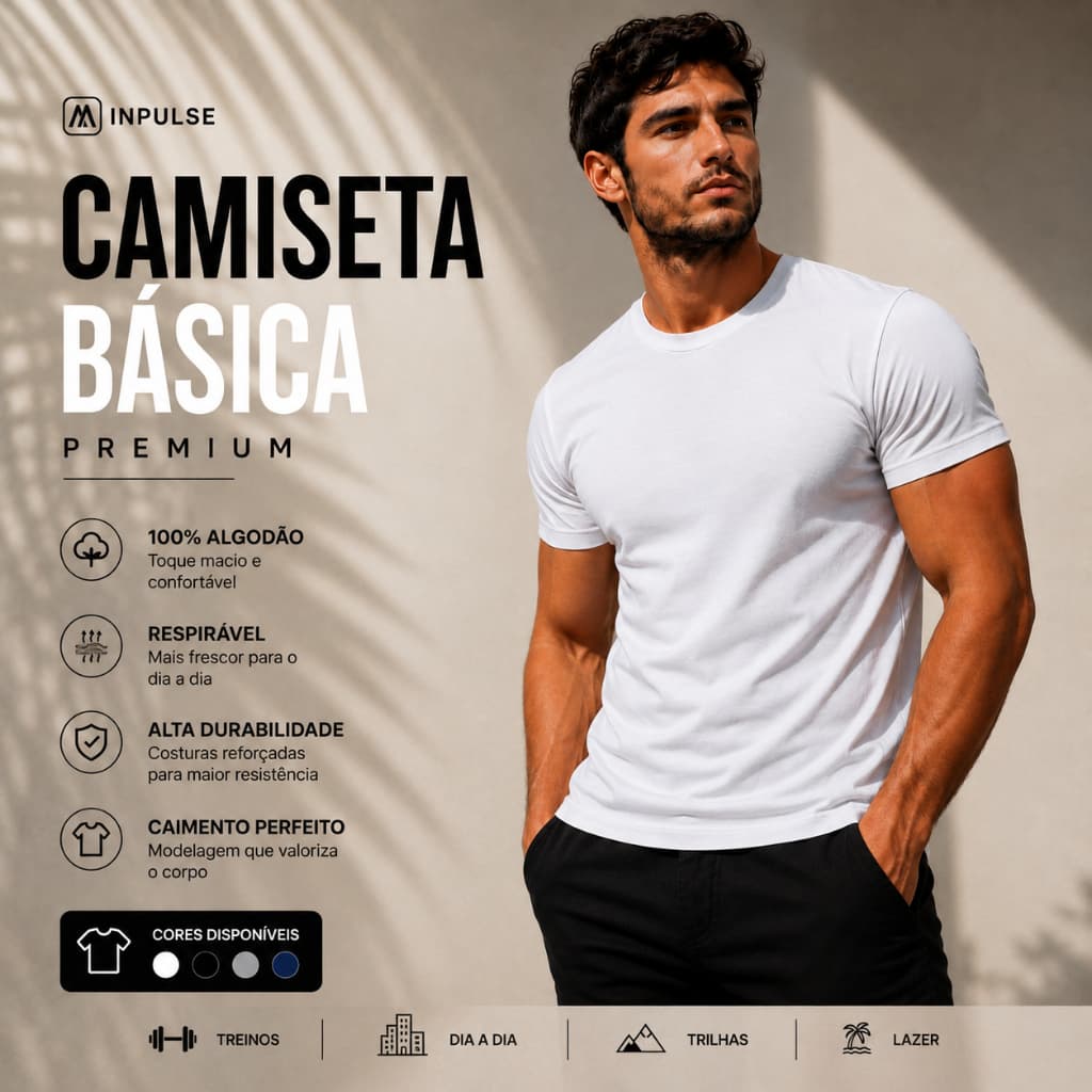 Camiseta Masculina Slim Fit 100% Algodão Meia Malha Básica Premium Gola Redonda Casual Confortável