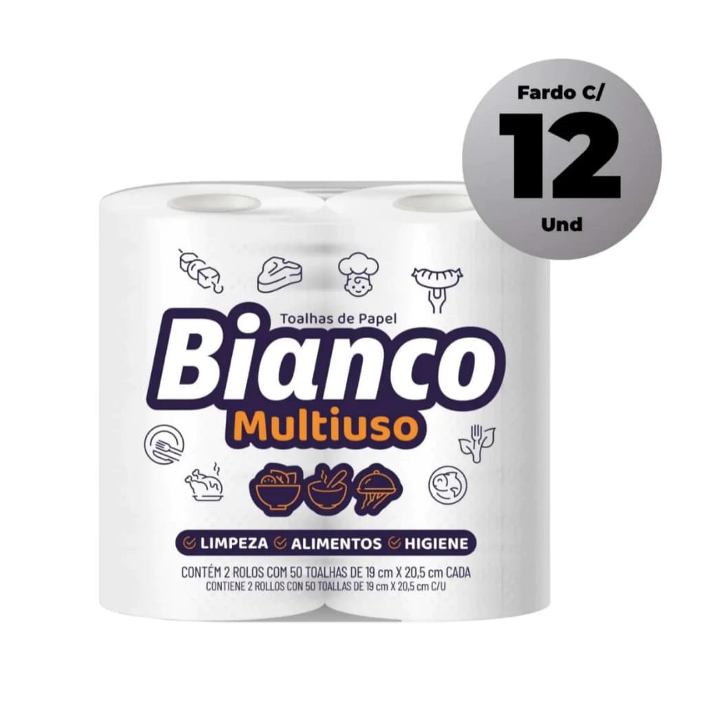 kit 12 unidades Papel Tolha Bianco 50 Folhas 19cm x 20cm multi uso para casa carro, limpeza certa