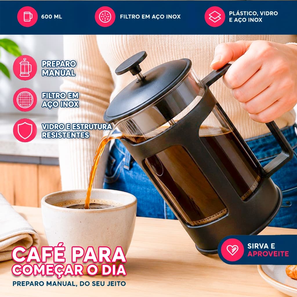Cafeteira Francesa Prensa 600ml Manual Premium Café Chá Filtro Inox Espumador de Leite