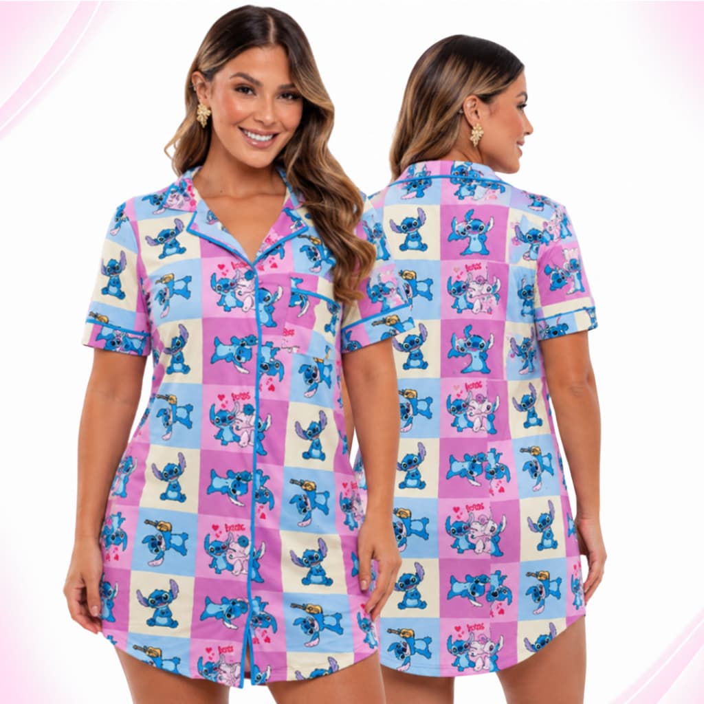 Pijama Feminino Chemise Camisola Americano  Curto Pós Cirúrgico Stitch