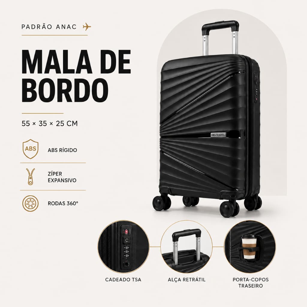 Mala de Viagem 10kg Expansível com 4 Rodinhas 360° Cadeado ABS Rígido Avião Bordo Divisórias Interna