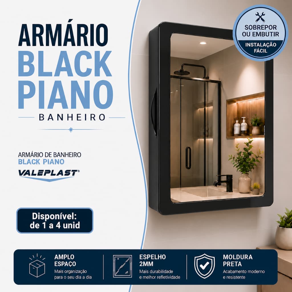 Armário Banheiro Plástico Espelheira Espelho Vidro 2mm I Sobrepor ou Embutir Bucha Vidro Moldura Preto Black Piano