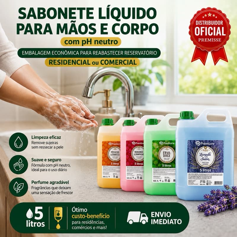 Sabonete Líquido  5 Litros P/ Mãos  Premisse Qualidade, Erva Doce, Morango, Pêssego e lavanda suave