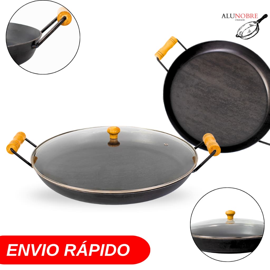 Disco de Arado 32 cm Ferro Com Tampa De Vidro e Borda Alta Inoxdável