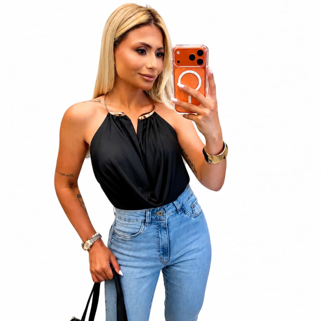 Body com Colar Feminino Elegante Moda Festa Casual Tendência Fashion Chic Premium Blogueira