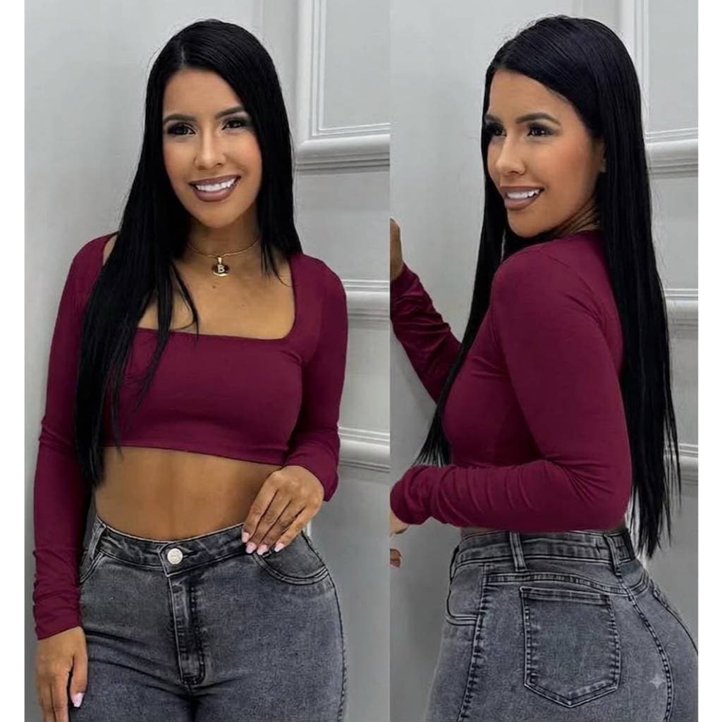 Cropped Feminino Decote Quadrado com Forro  Manga Longa Blogueira Em Tecido Suplex