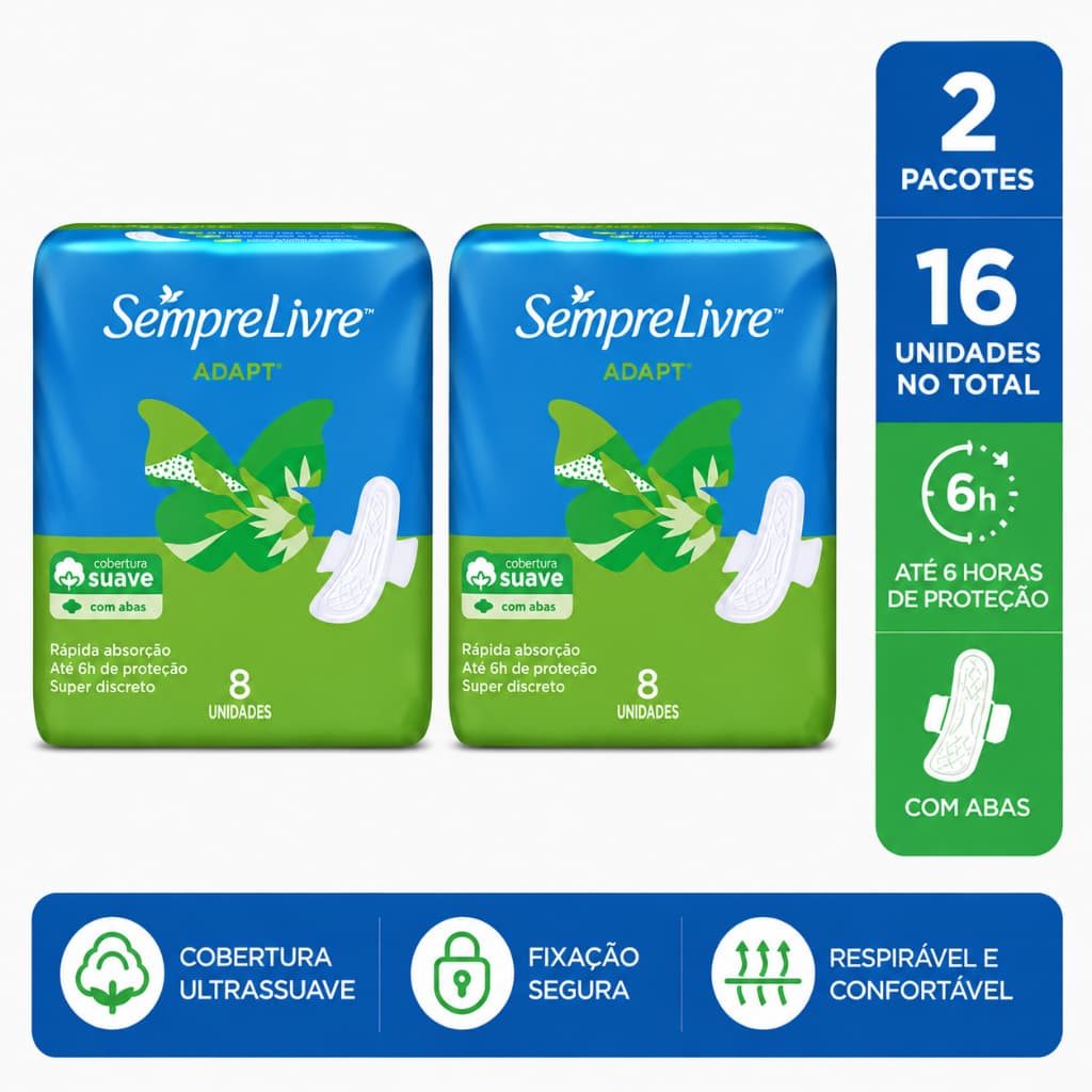 Absorvente Feminino Sempre Livre Adapt Com Abas 2 Pacotes de 8 Total 16 Unidades Cobertura Suave
