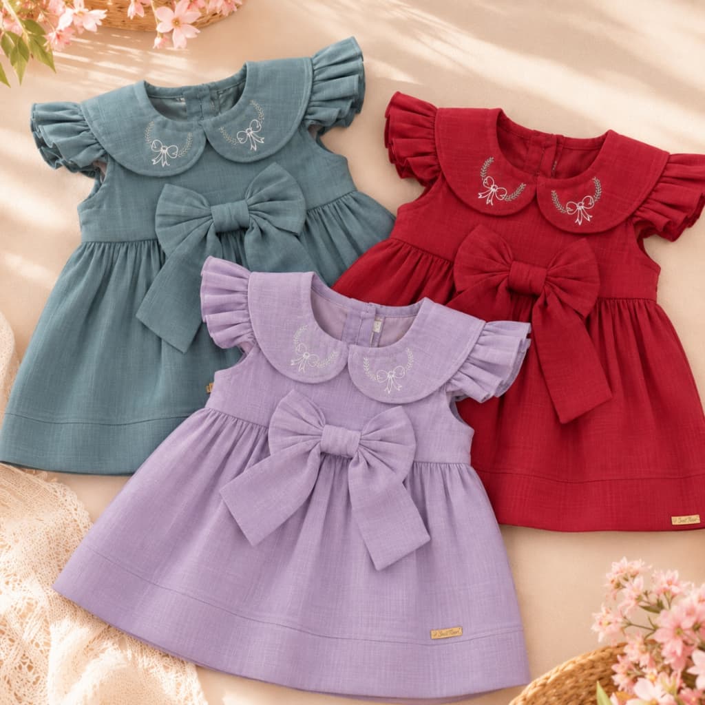 Vestido para bebe meninas com laço para amarração charmoso e estiloso vestido mangas com babado