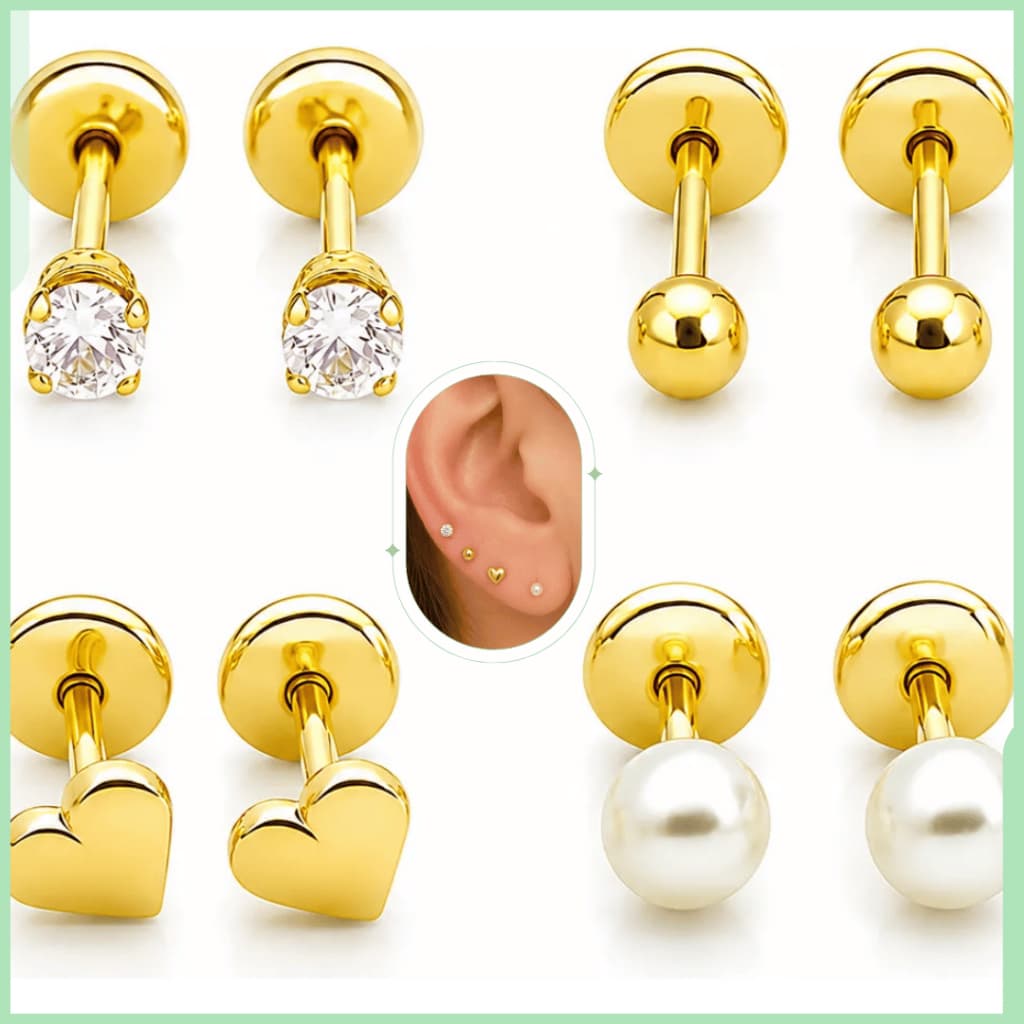 Kit 4 Pares Brinco Zircônia Pérola Infantil Bebê Banhado Ouro 18k Tarraxa Baby