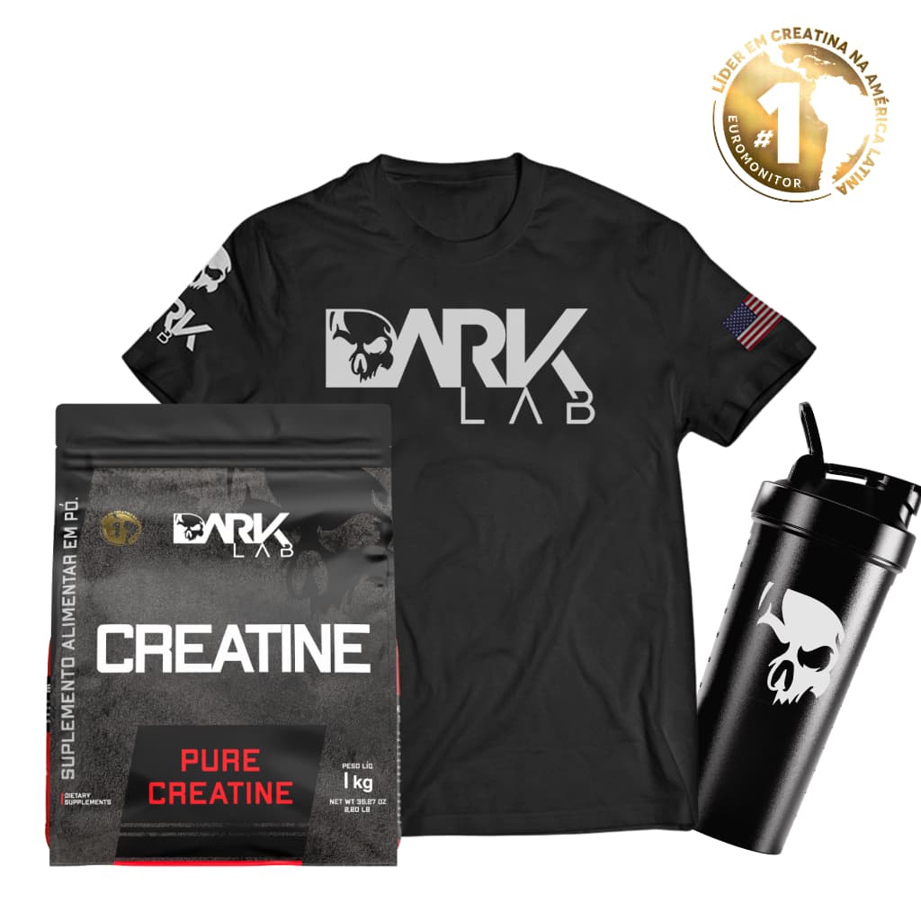 Kit Creatina Monohidratada Pura 1KG + Camiseta Caveira Dry-Fit 2.0 + Coqueteleira Fuse 700 ML- Dark lab
