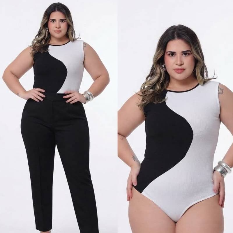 Body Blusa Feminino Onda Duas Cores Plus Size Regata Biocolor Gola Redonda Tecido Canelado G1 G2 G3
