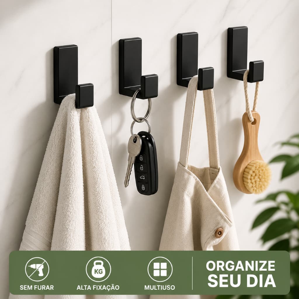 Gancho de Parede Multiuso Adesivo Dupla Face 3M Para Toalhas Banheiro Cor Preto e Branco Gancho Pano de Prato Cozinha