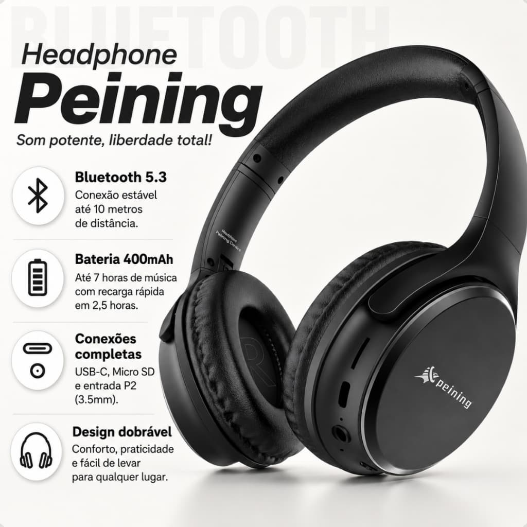 Fone De Ouvido Sem Fio Headphone Bluetooth 5.3 Deep Bass Longa Duração Cor Preto Original Peining