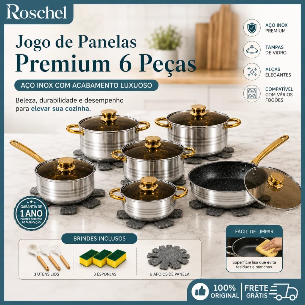 Jogo De 6 Panelas com 6 Tampa Antiaderente Inox Premium - Brinde Grátis