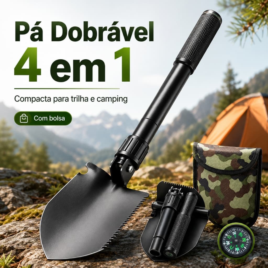 Pá Dobrável Multifuncional 4 em 1 Portátil 42cm com Serra e Estojo para Camping Trilha Jardim