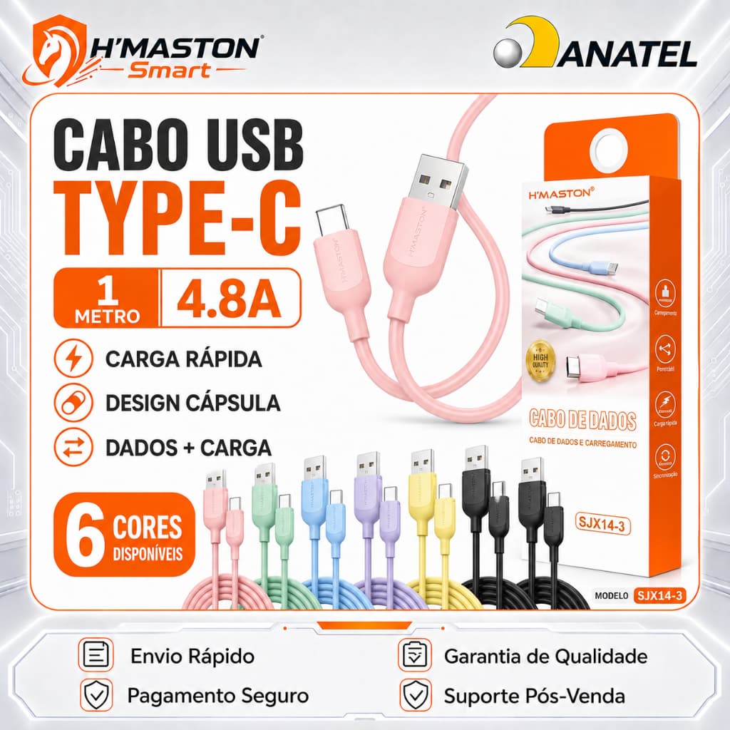 H'MASTON SJX14-3 Cabo De Iphone Cabo Carregador Iphone Cabo Usb Tipo c Cabo Tipo c 1 Metros Cabo Carregador Tipo c