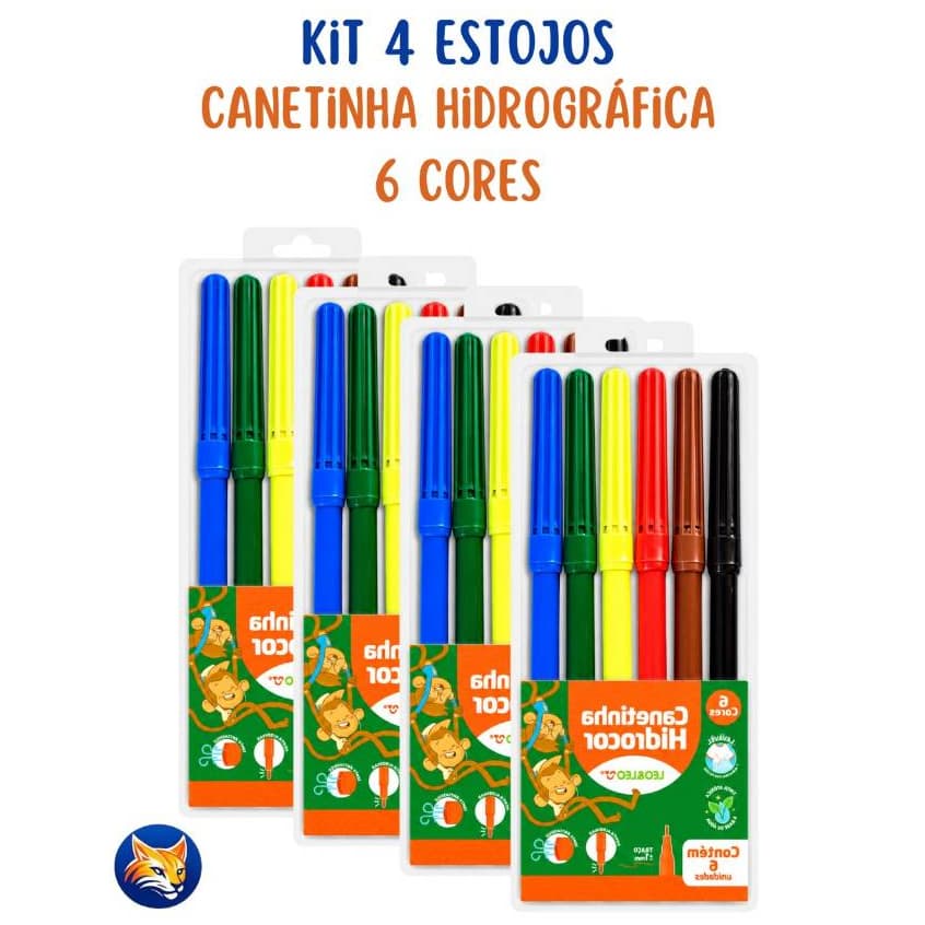 Kit 4 De Estojos Caneta Hidrográfica Hidrocor Lavável Canetinha Com 6 Cores Leo&Leo