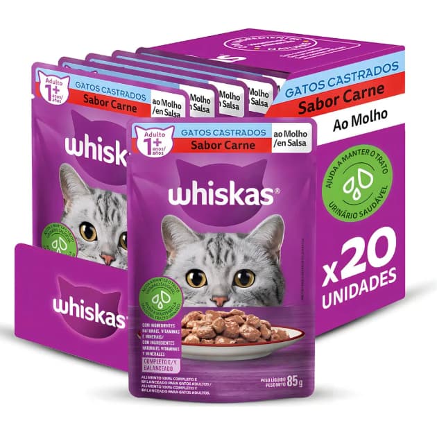 Ração Whiskas para Gatos Castrado Carne 85g - Ajuda na Manutenção do Peso