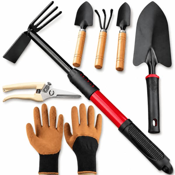 Kit Para Jardinagem Completo Enxadinha Grande, Par de Luvas, Pá Larga, Alicate Tesoura de Poda, Rastelo Kit Vaso