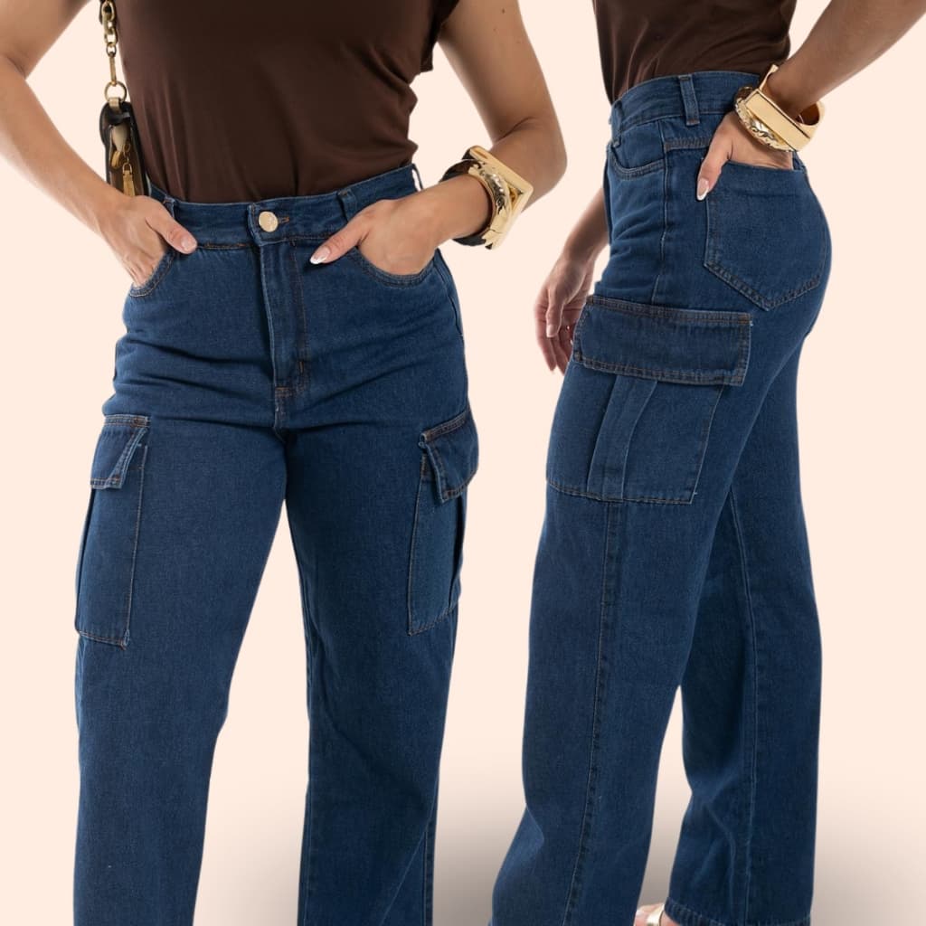 Calça Jeans Wide Leg Cargo Feminina Cintura Alta Com Bolso Lateral Jeans Escuro Calça Wide Leg Plus