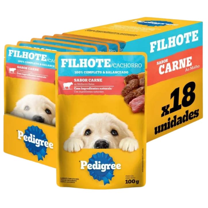 18 unidades Ração Úmida para Cachorro Pedigree Filhote Sachê Carne 100g